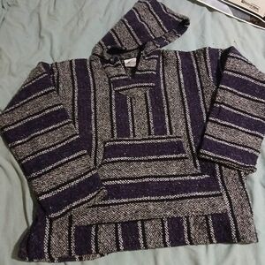 Mexican Baha Hoodie.Men's‎ Striped Hooded Sweater - Black and Gray. Sz.s.